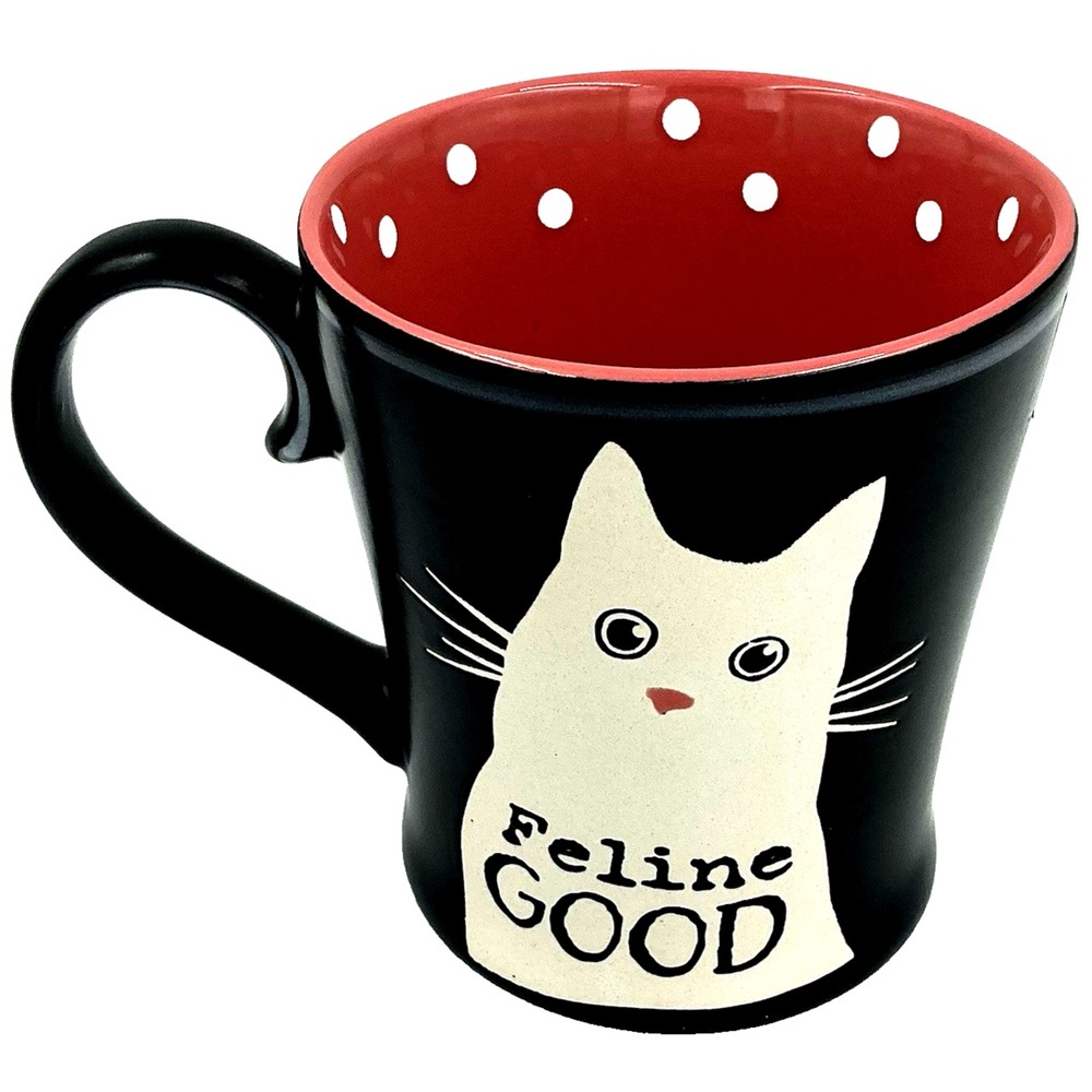 Feline Good Cat Mug Spectrum Designz Black Mauve Polka Dot 18oz Ceramic